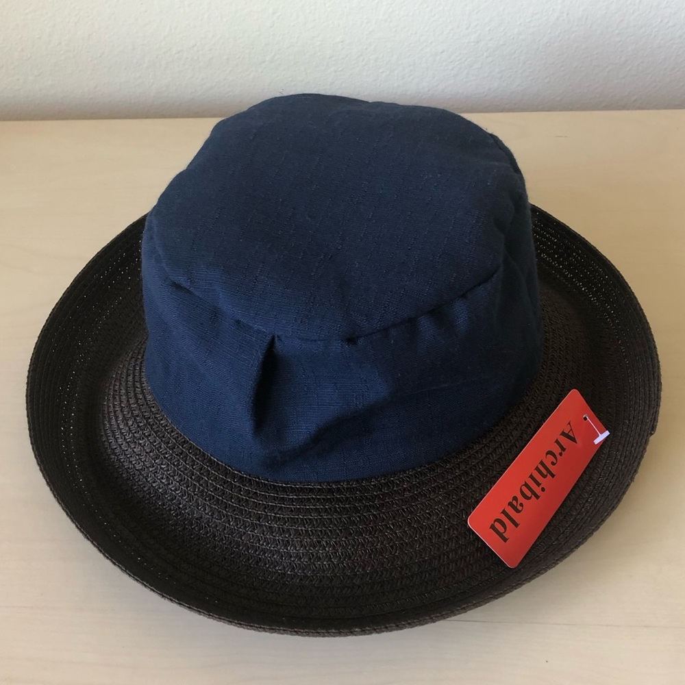Straw Cotton Sun Hat Archibald Crushable Navy Blue Brown NWT